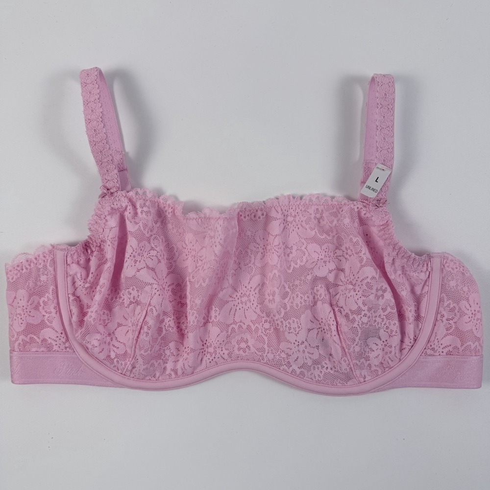 Victoria's Secret PINK Wink Unlined Scoop Bra Pink Floral Lace Sheer L NWT